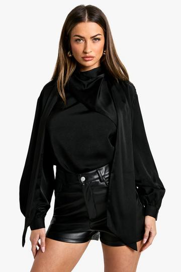 Satin Scarf Detail Long Sleeve Blouse black