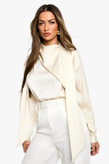 Satin Scarf Detail Long Sleeve Blouse ivory