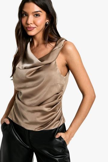 Satin Cowl Ruched Sleeveless Blouse taupe