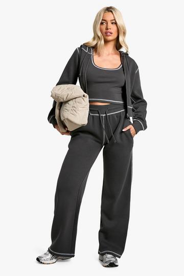 CONTRAST STITCH SHRUNKEN HOODIE MID RISE 3 PIECE TRACKSUIT charcoal