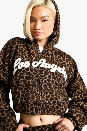 Los Angeles Luipaardprint Boxy Hoodie Met Rits chocolate