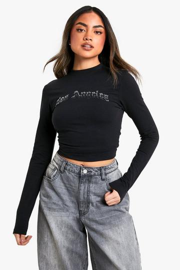 LOS ANGELES DIAMONTE HOTFIX LONG SLEEVE FITTED TOP black