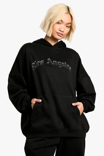 LOS ANGELES DIAMANTE HOTFIX APPLIQUE OVERSIZED HOODIE black