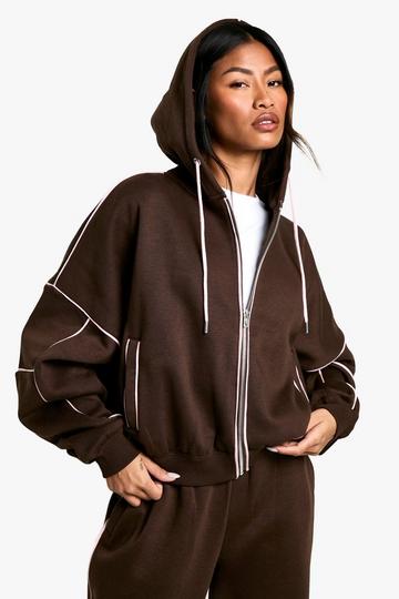 CONTRAST PIPING ZIP THROUGH OVERSIZED HOODIE chocolate