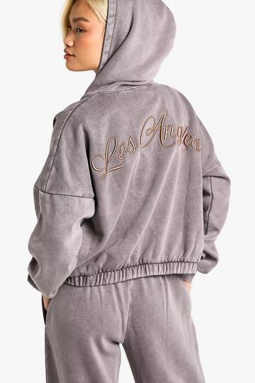 LOS ANGELES EMBROIDERED OVERDYED BOXY ZIP THROUGH HOODIE taupe