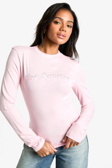 Pink LOS ANGELES DIAMONTE HOTFIX LONG SLEEVE FITTED TOP