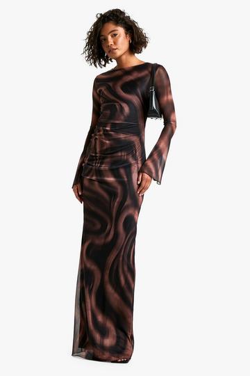 Tall Abstract Mesh Ruched Flare Sleeve Maxi Dress black