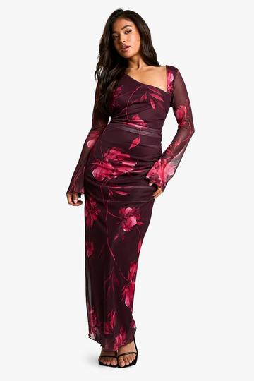 Petite Bold Floral Ruched Asymmetric Maxi Dress plum