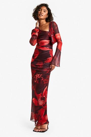 Tall Bold Floral Ruched Asymmetric Maxi Dress cranberry