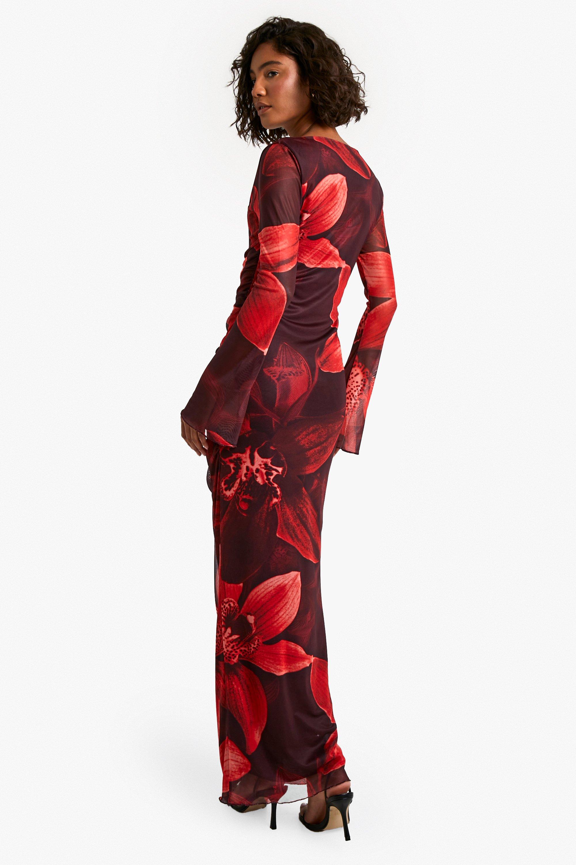 Ruched Bold Flower Maxi Dress