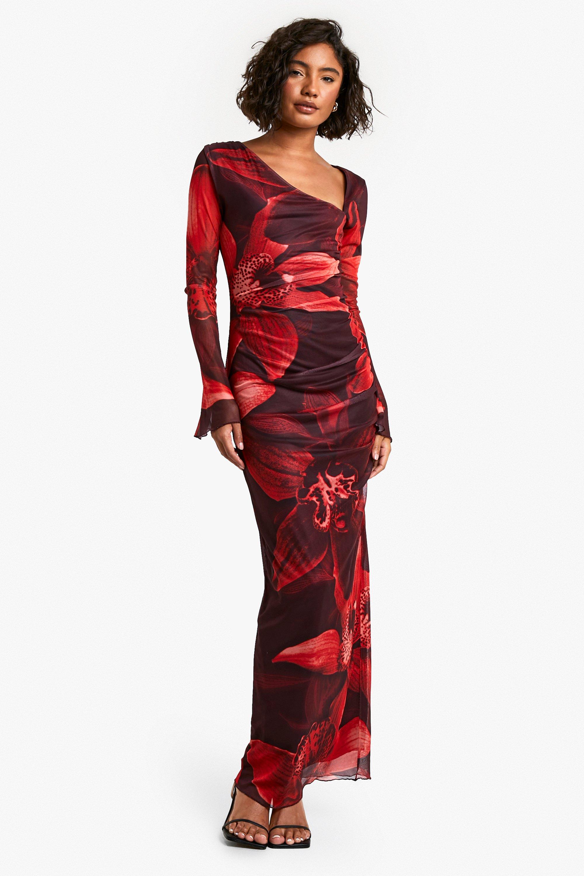 Ruched Bold Flower Maxi Dress