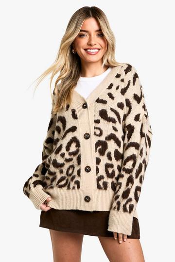 Multi Brushed Knit Leopard Boyfriend Cardigan