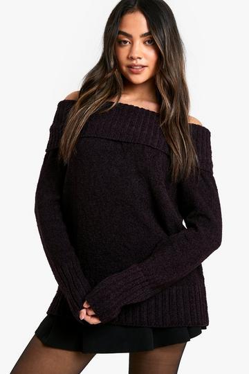 Boucle Bardot Knitted Jumper plum