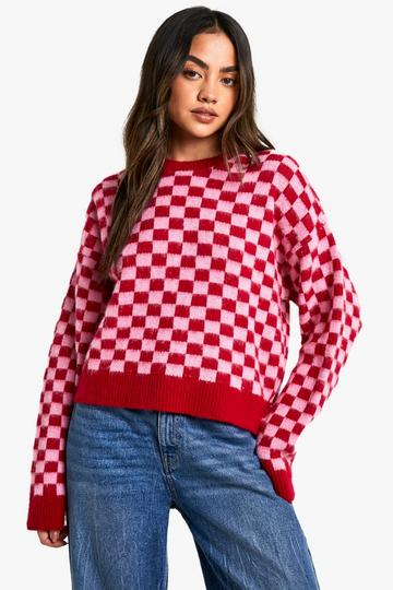 Brushed Knit Checked Crop Jumper bright pink