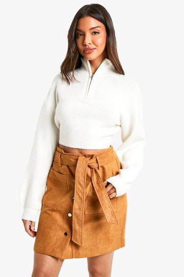 Tan Brown BELTED BUTTON THROUGH SUEDE LOOK MINI SKIRT