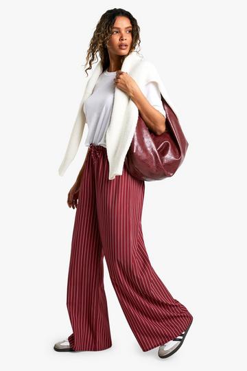 Bordeauxrode Wide Leg Broek Met Krijtstrepen En Touwtjes burgundy