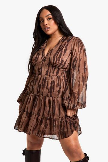 Brown Plus Animal Print Tiered Chiffon Smock Dress