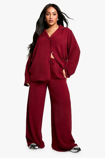 Plus Oversized Geweven Blouse En Broek Set burgundy