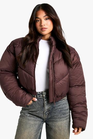 Petite Quilted Funnel Neck Puffer Jacket chocolate