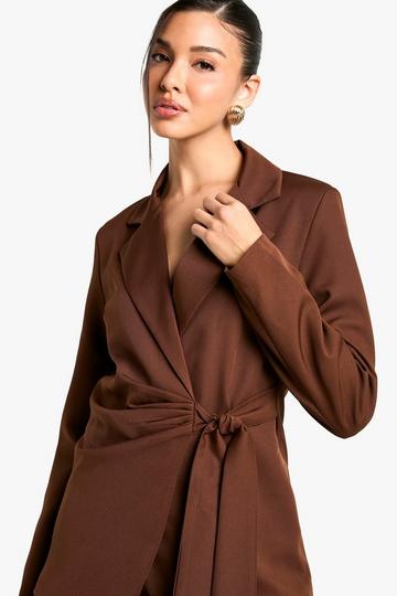 Woven Wrap Tie Detail Blazer chocolate