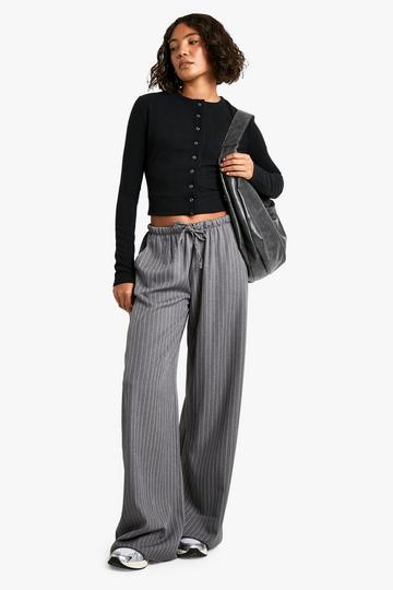 Grey Tall Drawstring Stripe Wide Leg Trousers