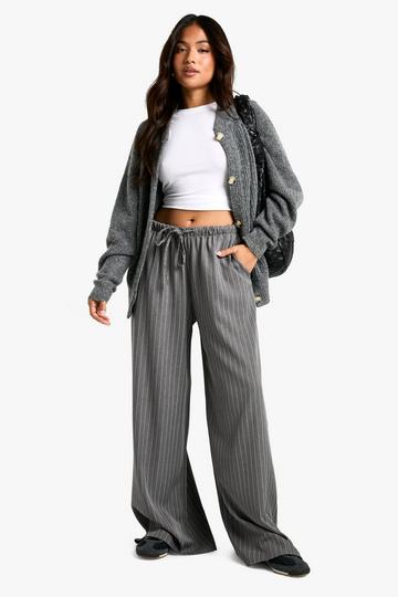 Petite Drawstring Stripe Wide Leg Trouser grey