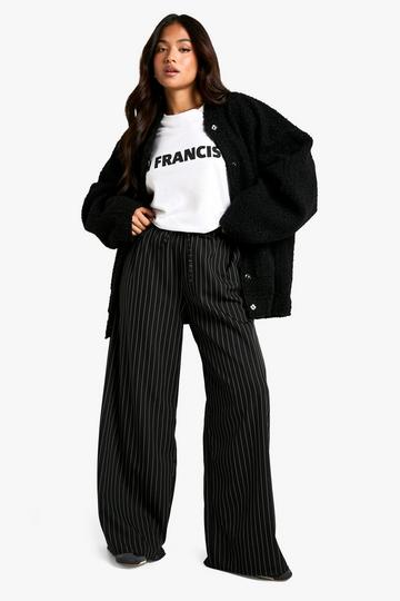 Black Petite Drawstring Stripe Wide Leg Trouser