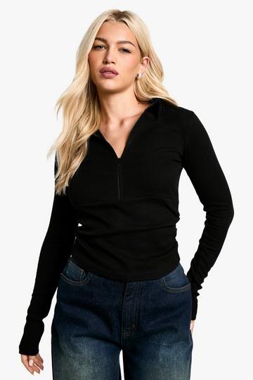 Zip Front Rib Long Sleeve Top black