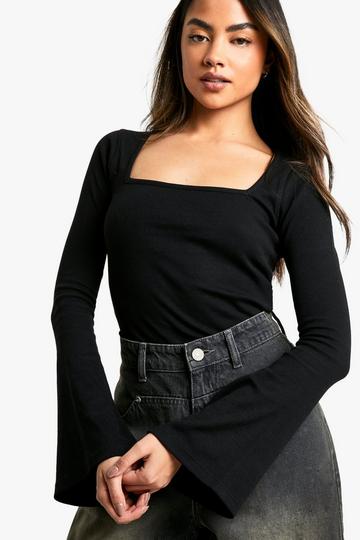 Flared Sleeve Rib Square Neck Bodysuit black