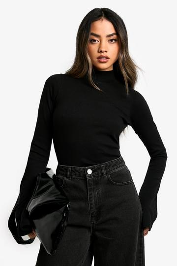 Flared Sleeve Rib High Neck Top black