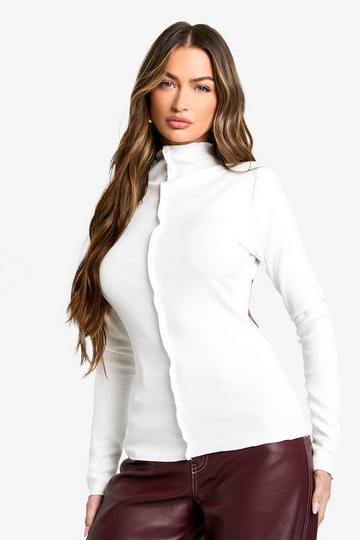 Exposed Seam Long Sleeve Rib Top white