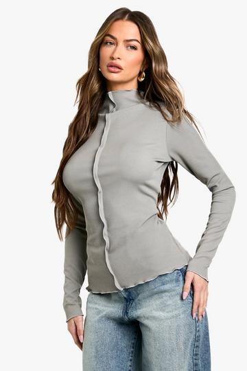 Geribbelde Top Met Naaddetail En Lange Mouwen silver grey