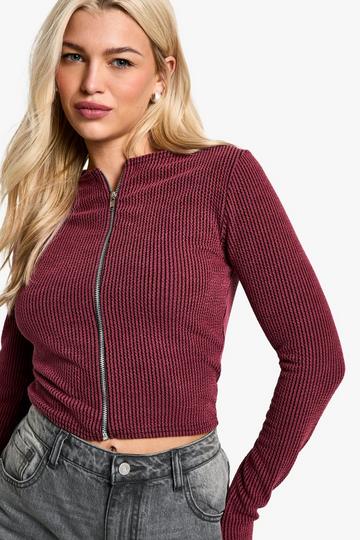 Rib zip front long sleeve Top burgundy