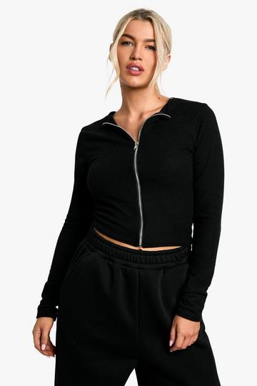 Black Rib zip front long sleeve Top