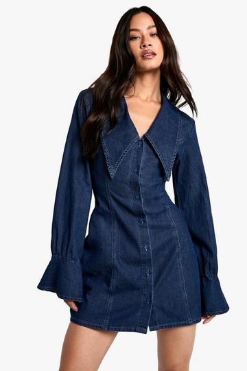 Tall Collar Detail Denim Shift Dress blue