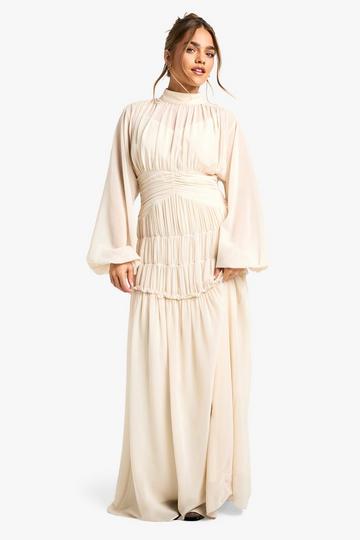 Ivory White Petite Chiffon High Neck Gathered Detail Maxi Dress