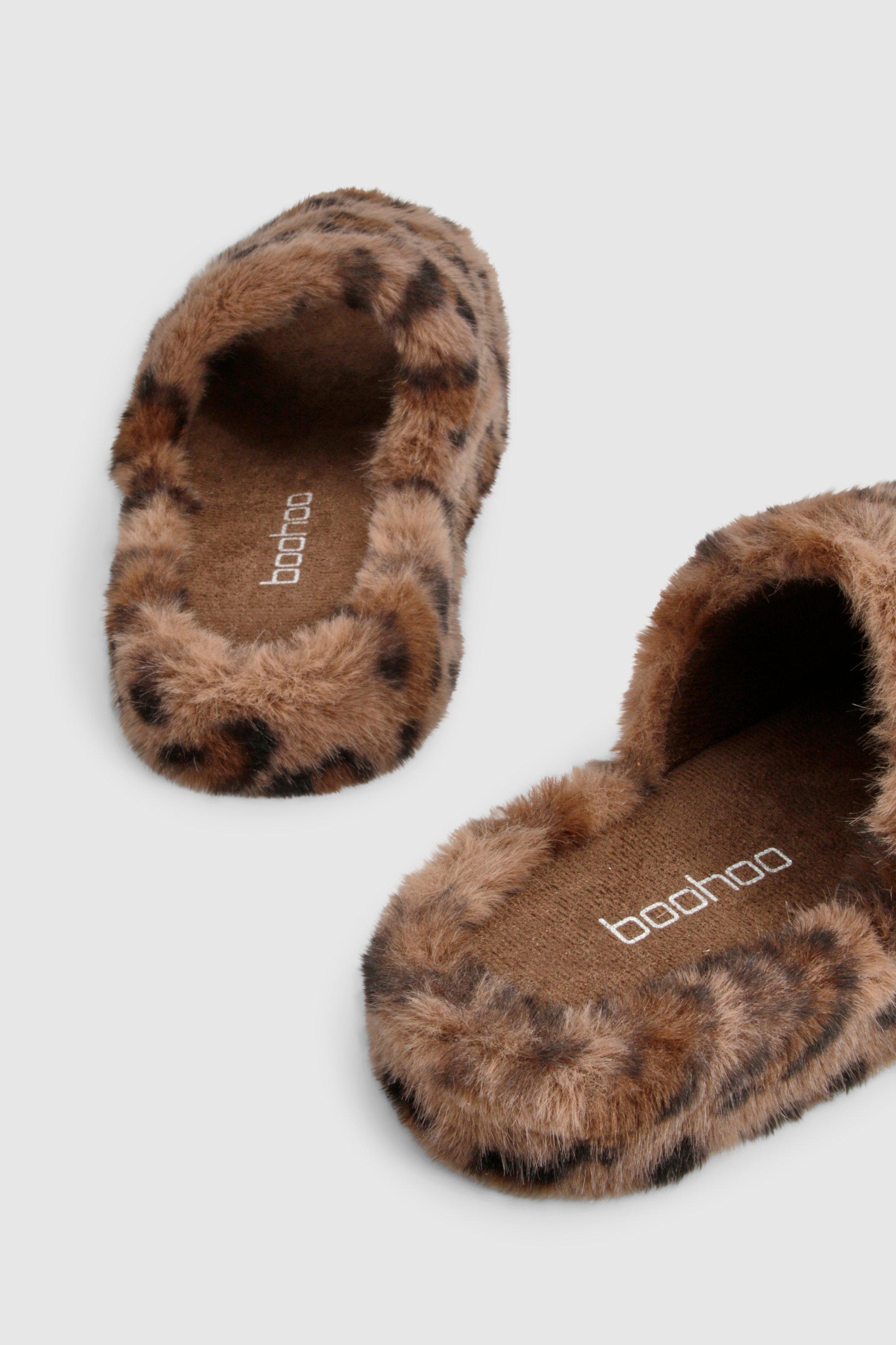 Leopard Fluffy Faux Fur Platform Slippers