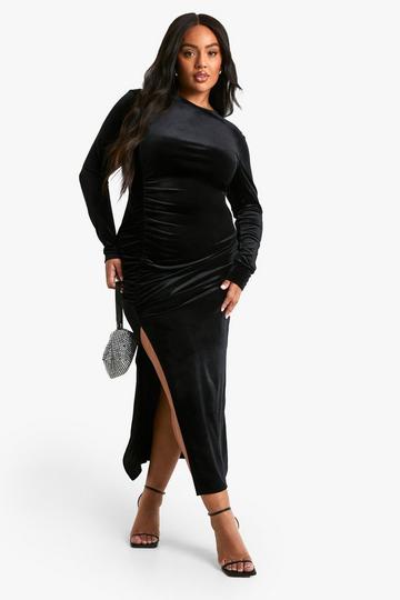 Plus Velvet Ruched Midi Dress black