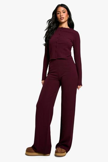 Tall Crinkle Cardigan and Wide Leg Trouser Co-ord wine