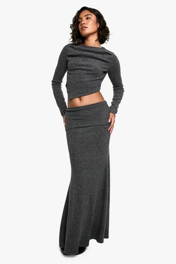 Tall Brushed Rib Bardot and Maxi Skirt Co-ord charcoal