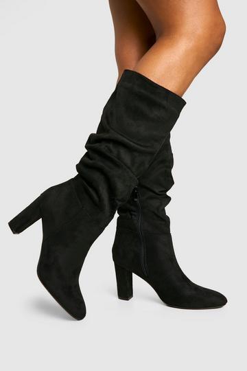 Black Faux Suede Ruched Knee High Boots