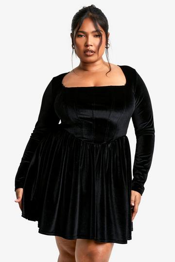 Plus Velvet Corset Detail Skater Dress black