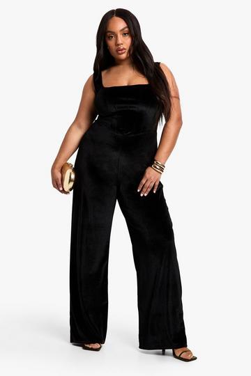 Plus Fluwelen Wide Leg Jumpsuit Met Korset Detail black