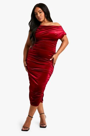 Plus Velvet Asymmetric Ruched Midi Dress berry