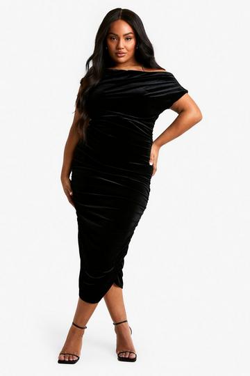 Plus Geplooide Fluwelen Asymmetrische Midi Jurk black