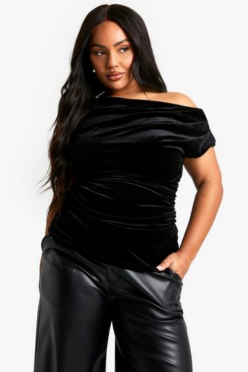 Plus Velvet Asymmetric Ruched Top black