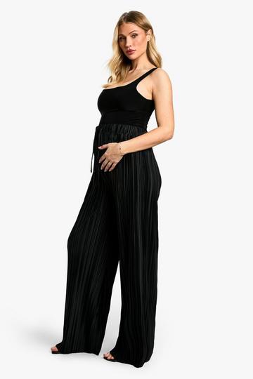 Maternity Wide Plisse Elasticated Waist Drawstring Wide Leg Trouser true black