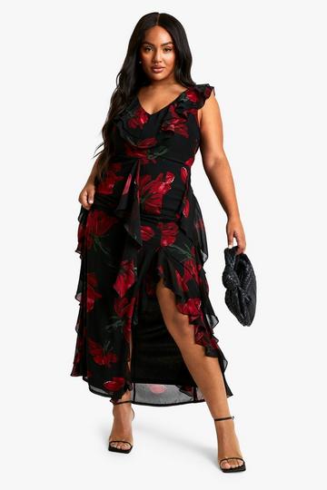 Black Plus Dark Floral Ruffle Detail Maxi Dress