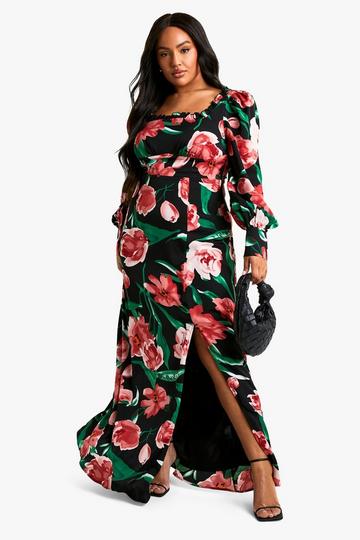 Plus Floral Corset Detail Maxi Milkmaid Dress black