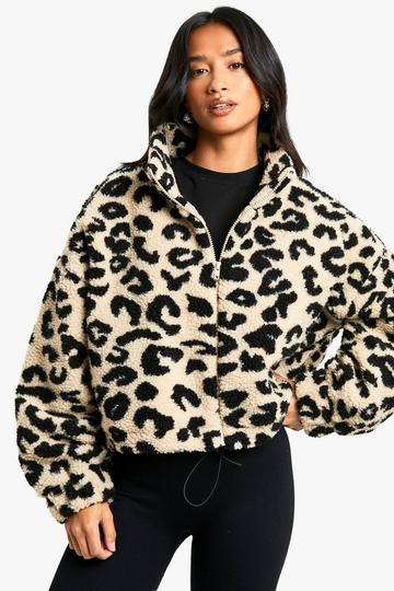 Petite Boxy Leopard Print Teddy Bomber Jacket leopard